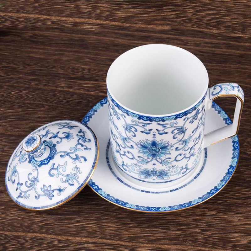 景德镇青花珐琅彩带茶托盖子办公杯轻奢文创泡茶陶瓷水杯商务礼品