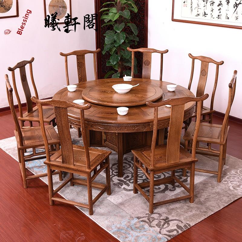 鸡翅木圆餐桌实木家具红木中式彷古圆桌圆形餐桌餐厅吃饭桌椅组合