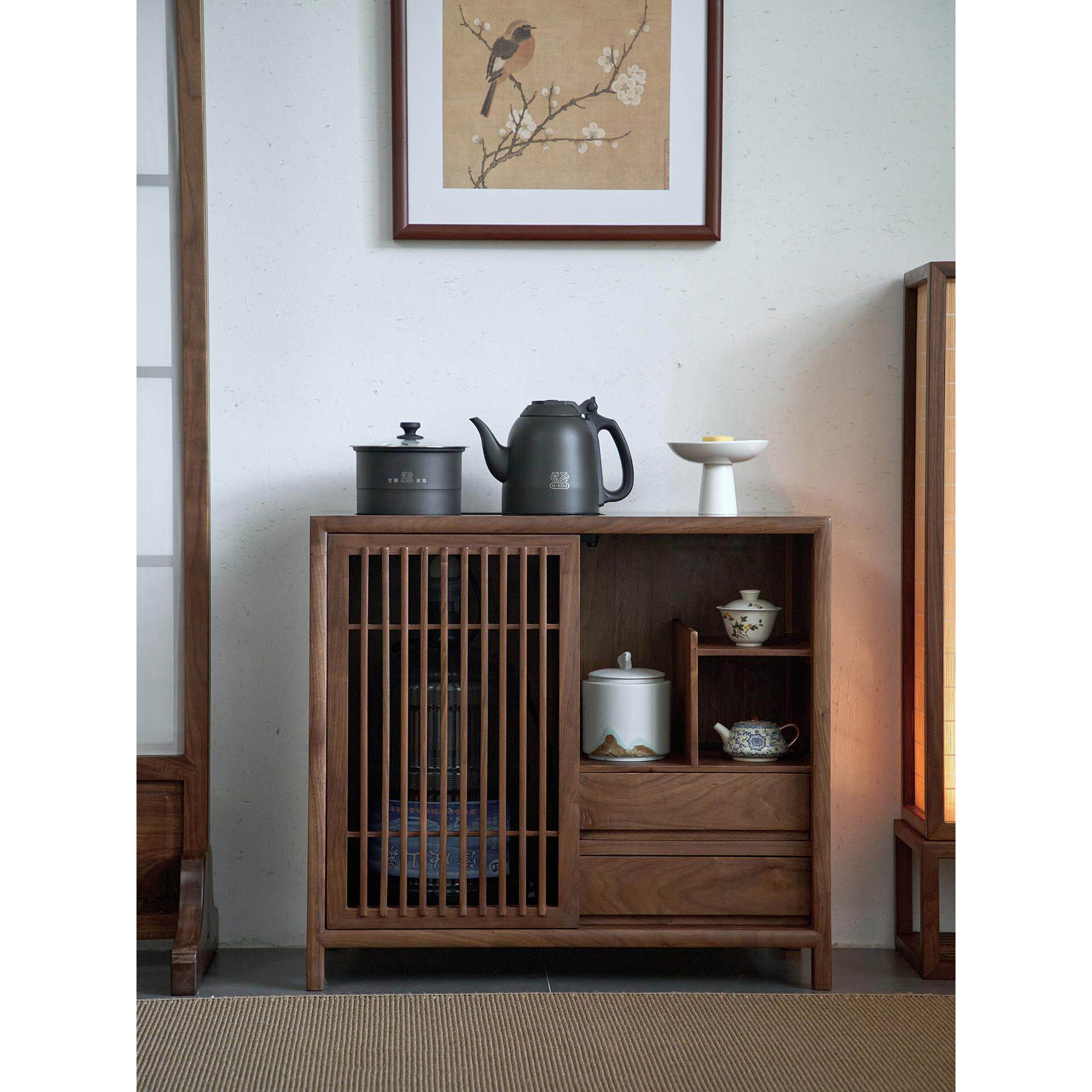 新中式实木茶水柜烧水壶一体北美黑胡桃木茶桌边柜台宋式美学矮柜
