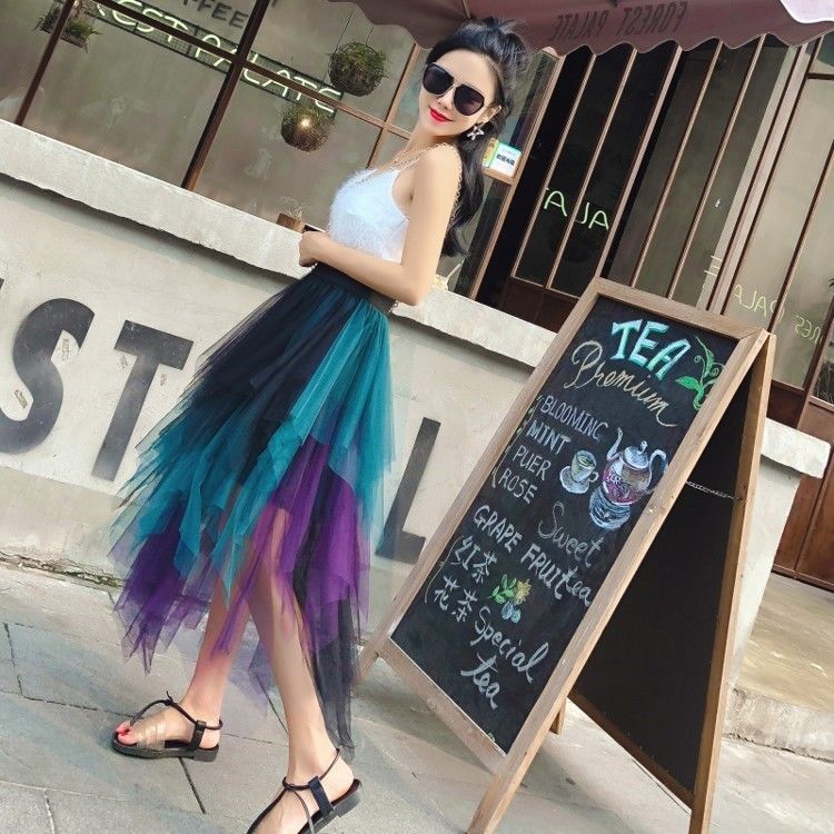 Gradient Color Irregular Tulle Skirt Spring and Summer High