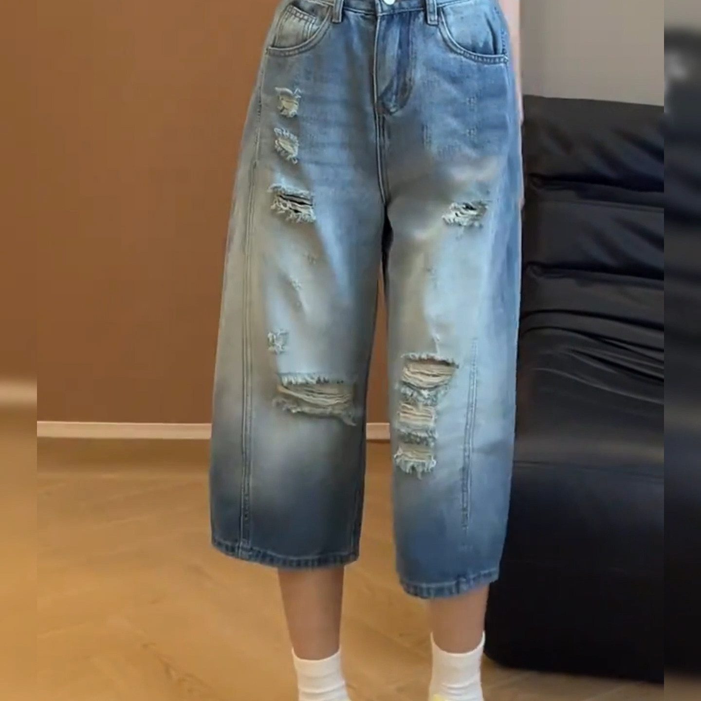 美式街头风破洞牛仔裤女2025夏高腰显瘦哈伦裤大码水洗棉七分裤潮