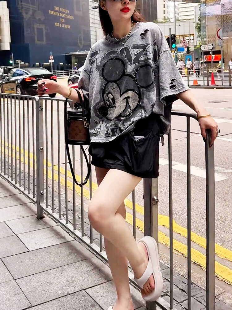 短款米奇创意卡通印花短袖t恤宽松休闲夏季潮流重工遮肉女上衣