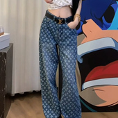 美式 女 水洗棉垂感拖地裤 高街老花满印牛仔裤 2025夏高腰宽松阔腿裤