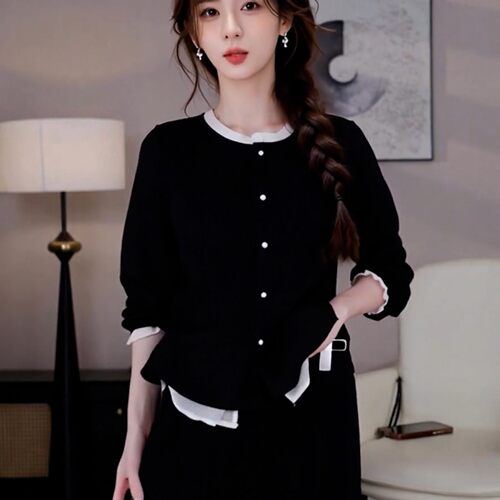 大码女装黑色丝绒假两件长袖上衣