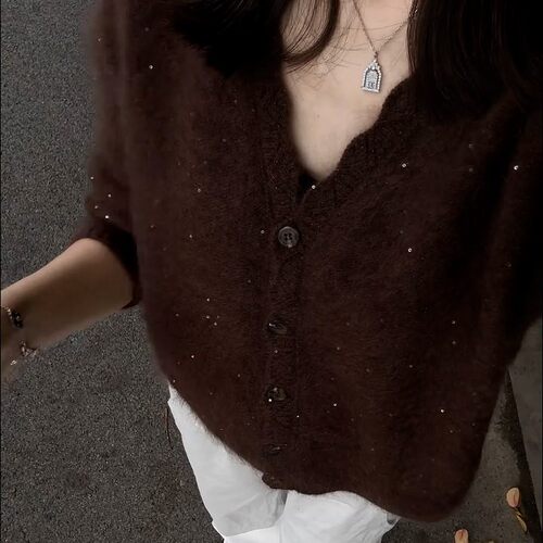 山羊绒拉绒V领羊毛保暖开衫女