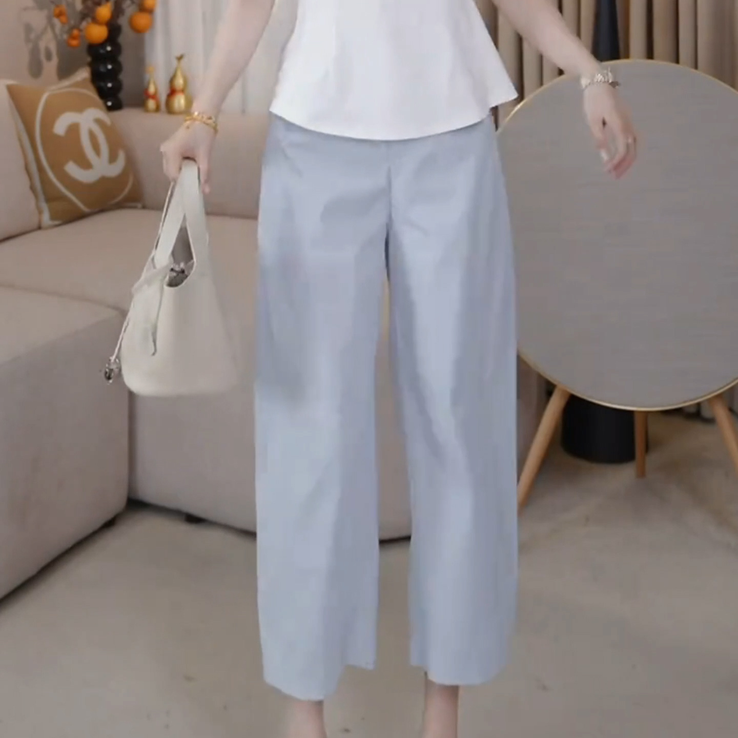韩版设计感雾霾蓝棉麻直筒裤