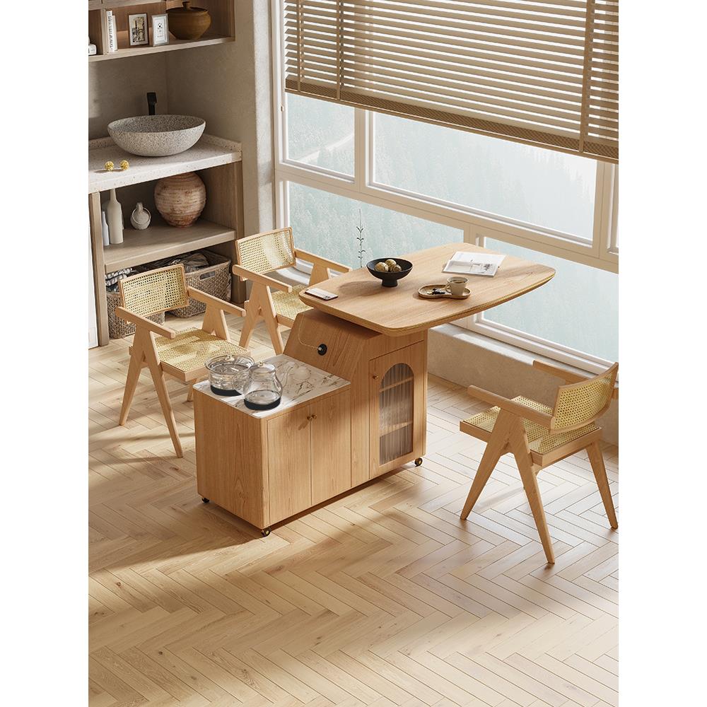HE木屋北欧实木茶车客厅沙发边柜原木风多功能家用阳台移动茶台桌
