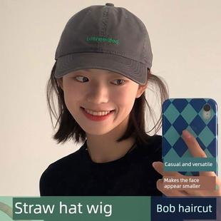 大头炭灰色棒球帽假发一体式妇女夏季休闲多才多艺绣字母软顶帽太