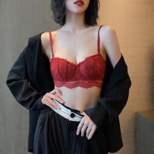 本命年内衣套装女薄款大胸显小收副乳结婚新娘红色蕾丝文胸秋冬季