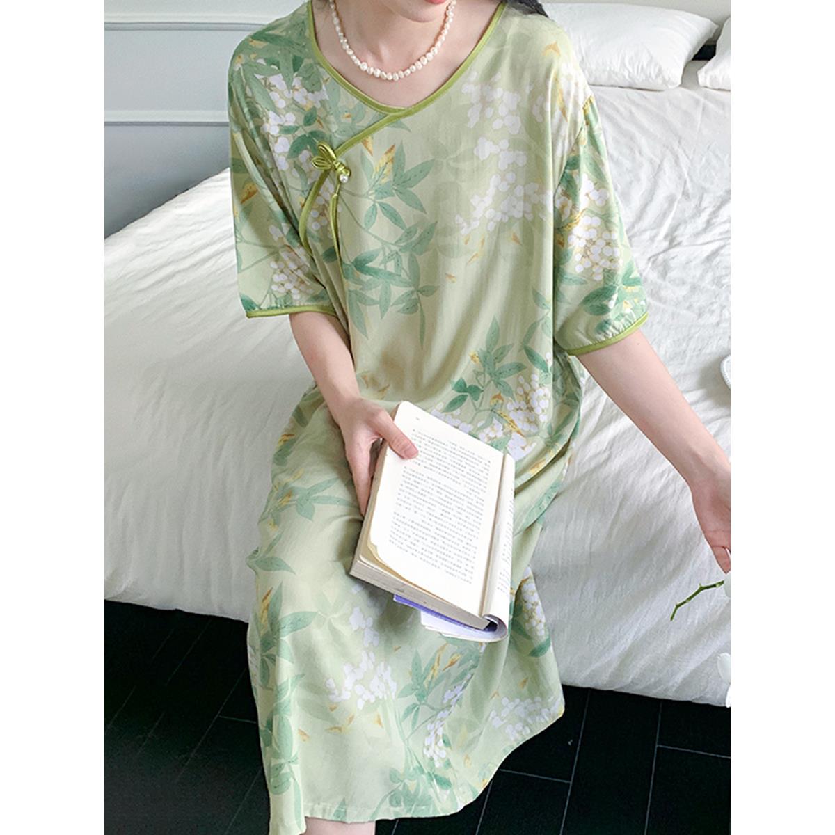 新中式旗袍领盘扣碎花棉绸连衣裙女2024新款短袖清新复古日常睡裙