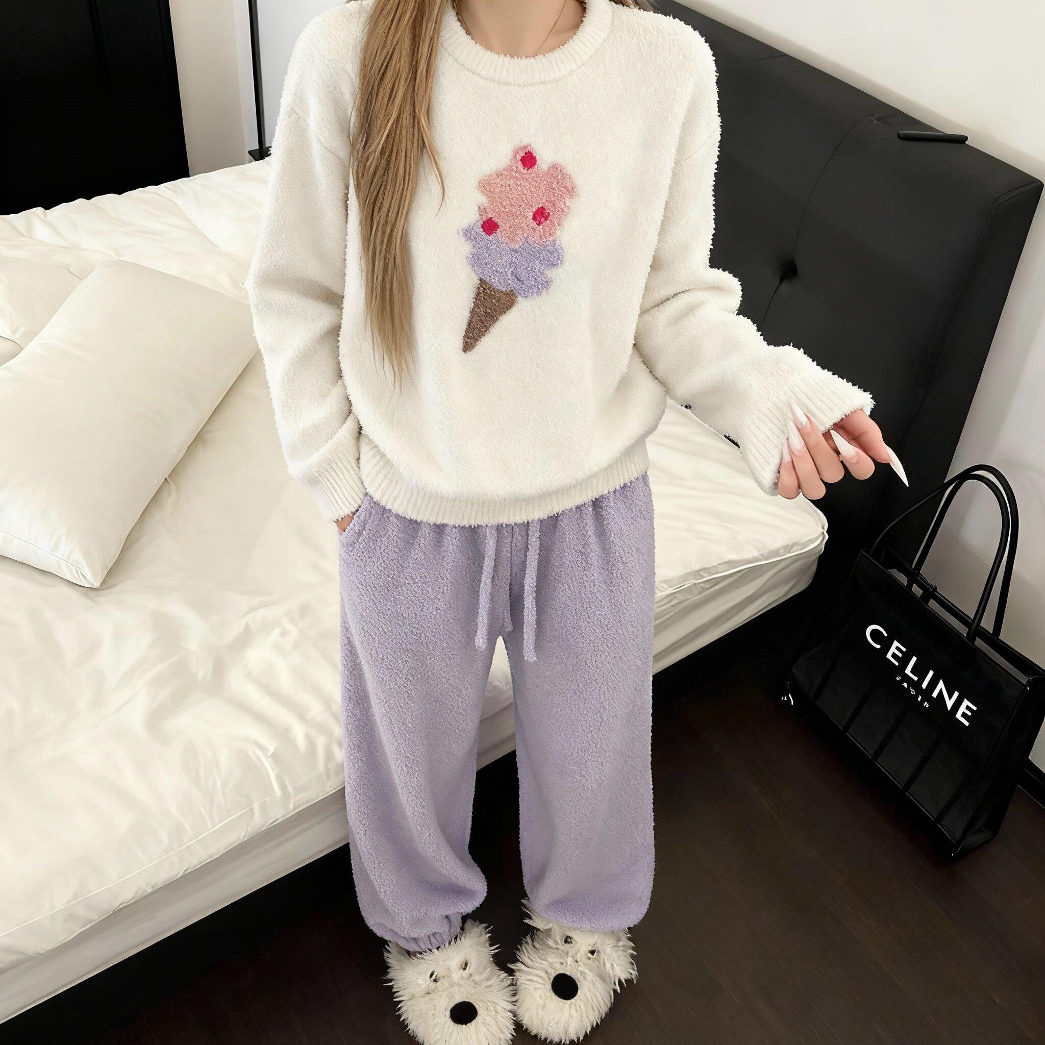 半边绒睡衣女冬季韩版甜美可外穿冰淇淋印花加绒加厚珊瑚绒家居服