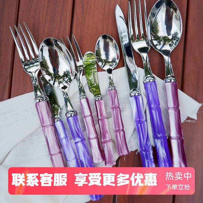 意大利Rivadossi紫粉色流光亚克力竹节不锈钢刀饭勺咖啡勺甜品叉