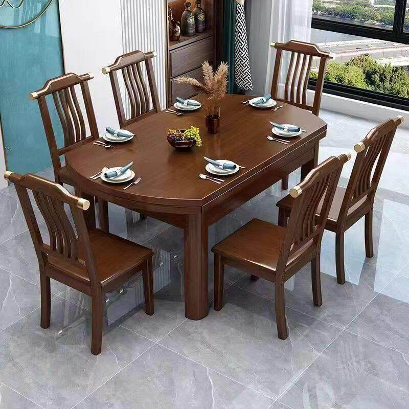 新中式纯全实木餐桌椅子组合小户型可伸缩折叠吃饭乡农村吃饭桌子