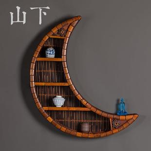 挂墙式博古架墙上多宝阁实木壁挂茶具收纳架悬挂摆件圆形茶壶架子