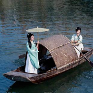 仿古乌篷船户外实木木船下水观光餐饮装饰景观摄影道具单蓬渔船