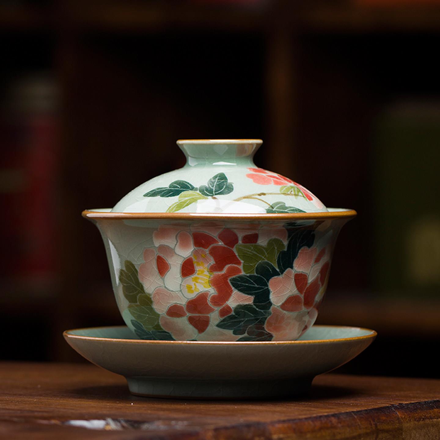 景德镇新中式花卉纹手绘牡丹盖碗陶瓷功夫茶具复古风茶碗三才盖碗
