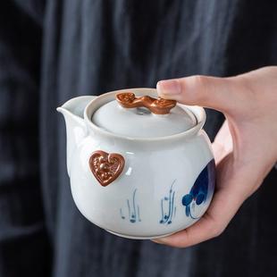 青花瓷手绘手抓壶单壶陶瓷防烫盖碗一壶三杯功夫茶杯便携旅行茶具