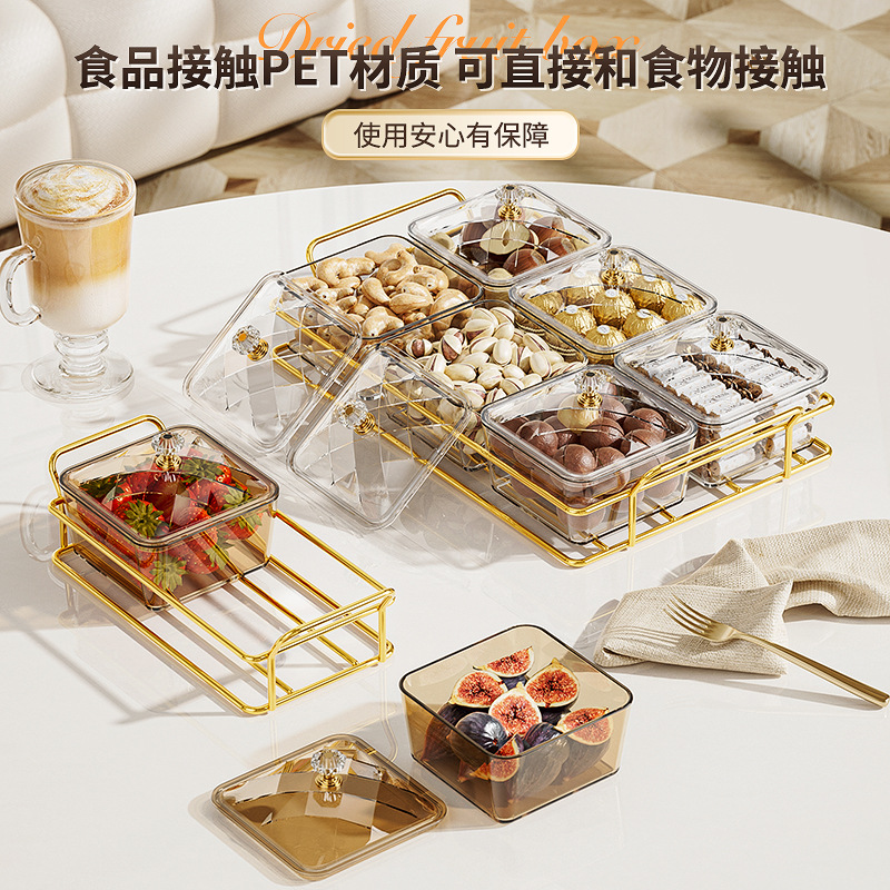 轻奢分格糖果盒透明防尘盖带托盘高颜值客厅塑料零食点心坚果盘盒