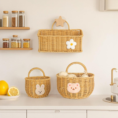 北欧编织仿藤篮厨房姜蒜鸡蛋大葱收纳筐壁挂篮手提小花篮厨具挂篮