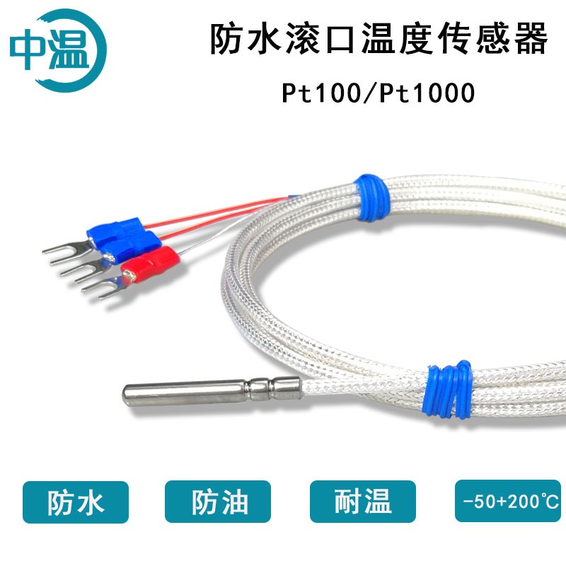 热销Pt100温度传感器滚口封装Pt100铂热电阻电热偶防水防油温度探