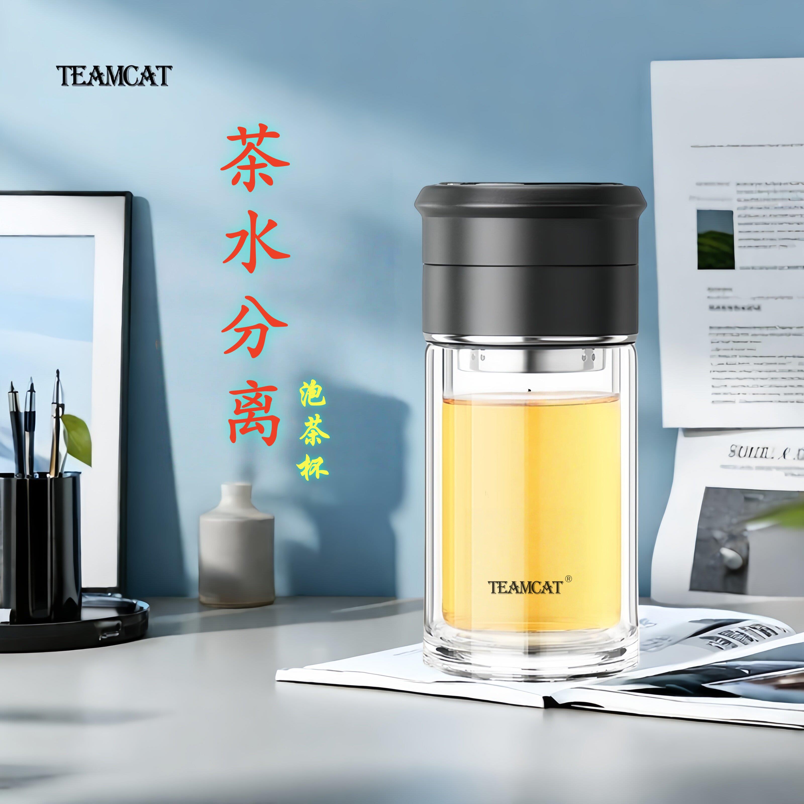 TEAMCAT高档高硼硅玻璃水杯男士小巧可携式茶水分离泡茶杯女刻字