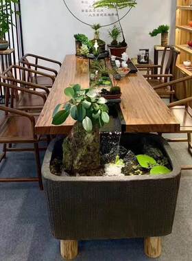 新中式流水茶台茶桌养鱼循环生态景观创意仿古实木功夫茶桌椅组合