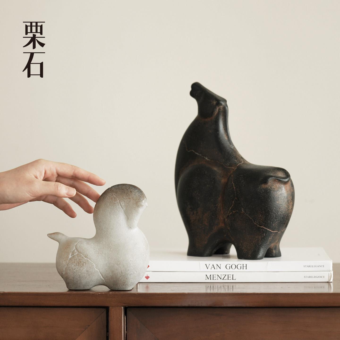 栗石【马到功成】新中式复古抽象仿玉石马摆件客厅书房玄关装饰品