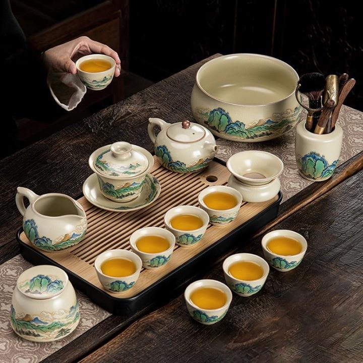 景德镇汝窑2025新款汝窑千里江山功夫茶具套装家用办公泡茶壶杯高