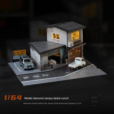 光影造物1/64 杂货店灯光场景 微缩停车位场景 模型 建筑摆件