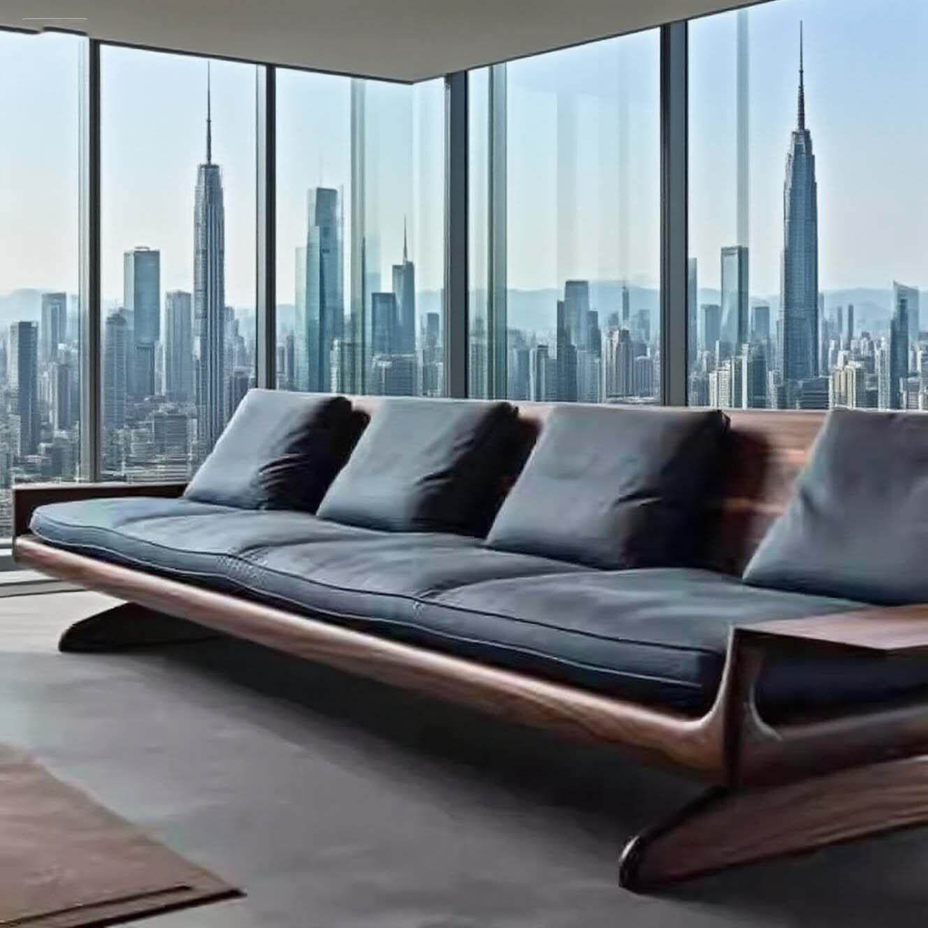 新中式新款黑胡桃木实木沙发设计师同款高端定制家俱客厅真皮沙发