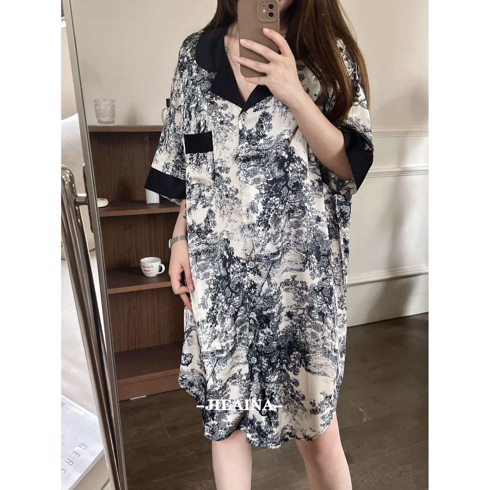 水墨画冰丝衬衫睡裙女夏天薄款宽松短袖丝绸中长版睡衣裙子可外穿