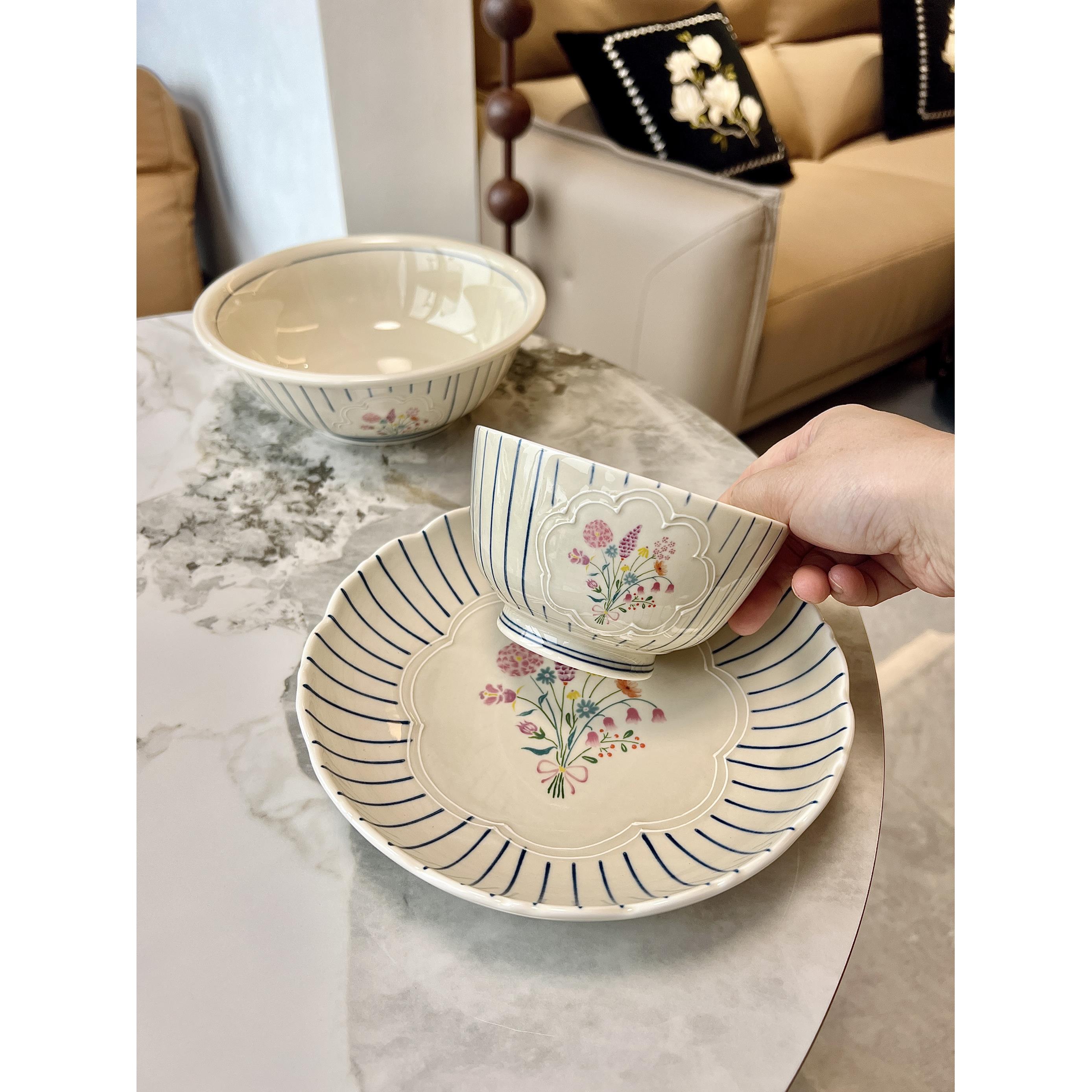 家用高级感陶瓷盘子日式瑞和手绘线 线条餐具套组深口盘子精致碗