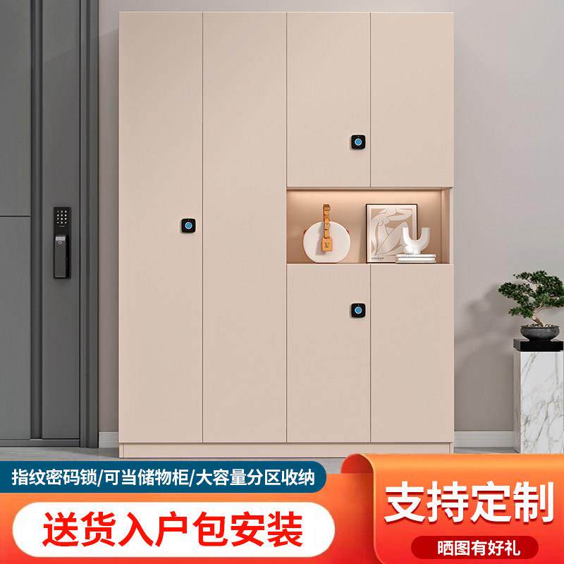 带锁鞋柜家用门口楼道外走廊防盗大容量室外实木指纹锁柜子收纳柜