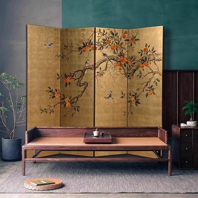 中式金箔柿子屏风隔断客厅玄关折叠覆古彩绘金箔折屏办公风水漆画