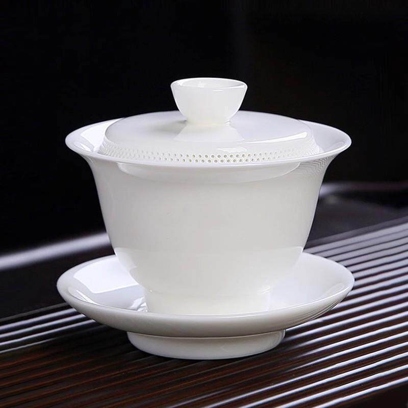 羊脂玉白瓷茶具三才盖碗360度千孔免过滤盖碗茶杯家用办公室送礼