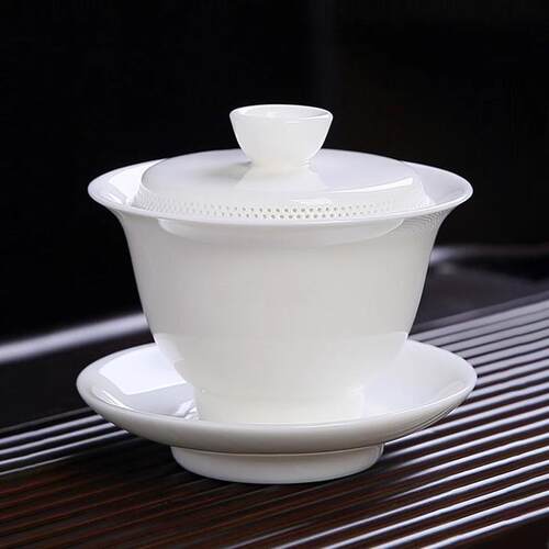 羊脂玉白瓷茶具三才盖碗360度千孔免过滤盖碗茶杯家用办公室送礼