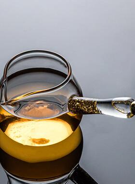 耐热玻璃侧把金箔公道杯藏金手柄茶海锤目纹功夫茶具分茶器防烫手