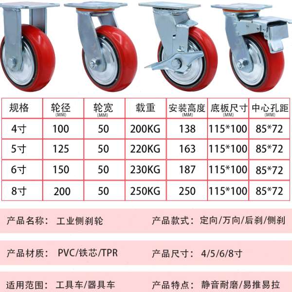 工业重型边刹脚轮4寸5寸6寸8寸聚氨酯刹车轮子工具车用侧刹万向轮