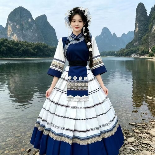 秋冬新款布依苗族女舞台演出长裙