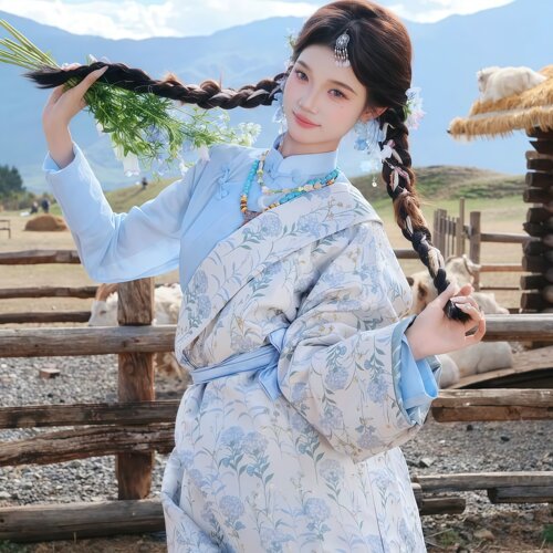 秋冬浅蓝藏服女碎花藏袍套装