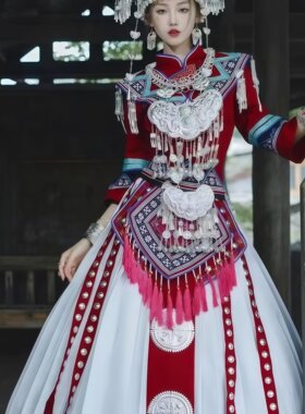 红色苗族舞台汇演女演出服套装