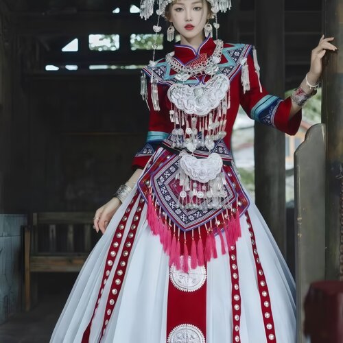 红色苗族舞台汇演女演出服套装
