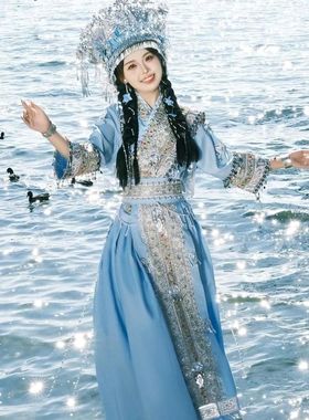 新款清新蓝色苗疆少女苗族套装超仙少数民族写真旅拍显瘦全套服装