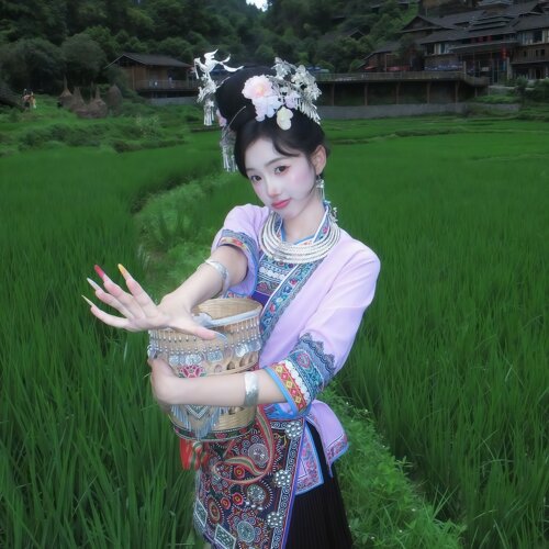 侗族女刺绣花边舞台演出长裙