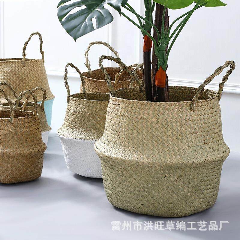 厂家直销北欧草编花盆海草编织花篮折叠花篮花盆草编篮折叠篮