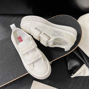 环球官方蕾丝帆布女鞋2024夏季透气平底韩版魔术贴网纱布鞋女板鞋