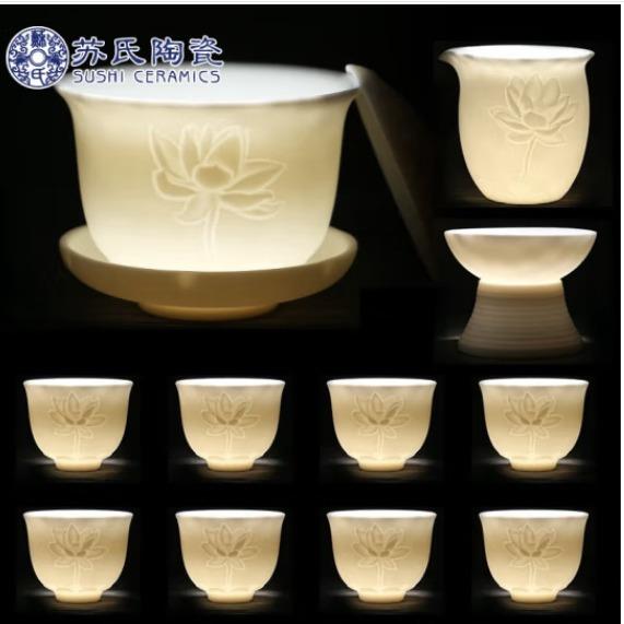 苏氏陶瓷羊脂玉茶具莲花功夫茶具茶杯亚光白三才盖碗茶具礼品套装