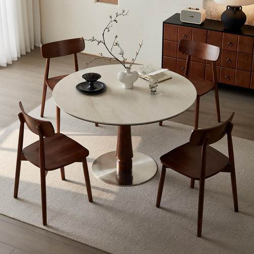 法式覆古风洞石岩板餐桌椅组合家用圆形实木圆桌现代简约吃饭桌子