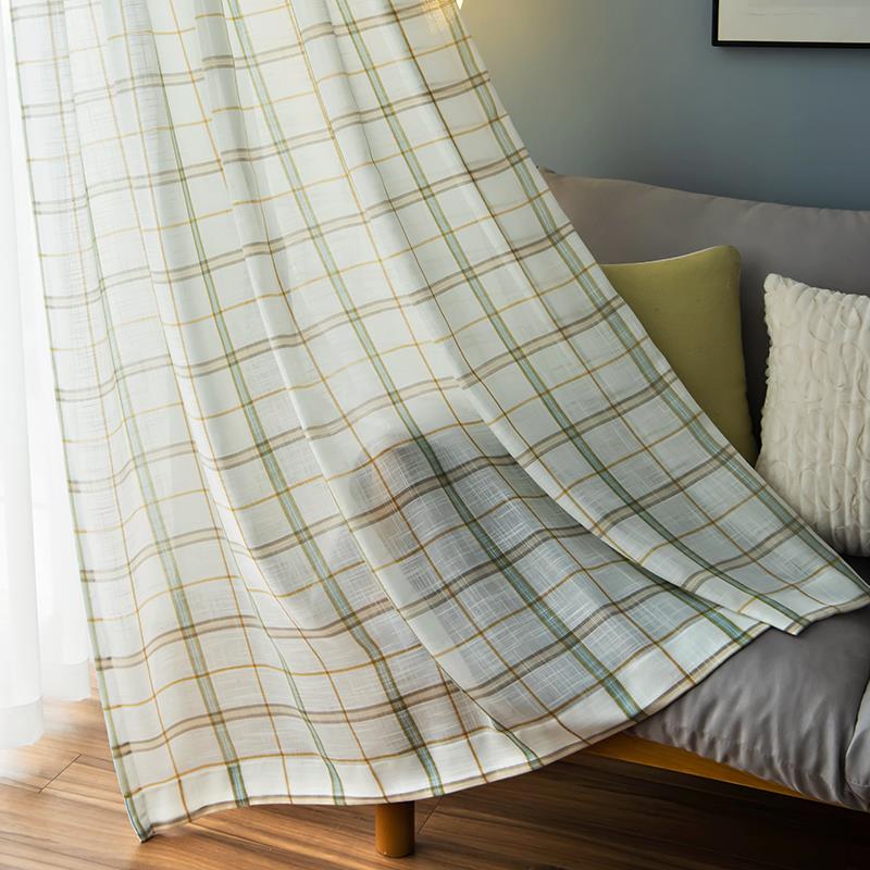 纱帘窗帘纱帘成品日式小清新覆古格子客厅卧室飘窗阳台绿色田园风