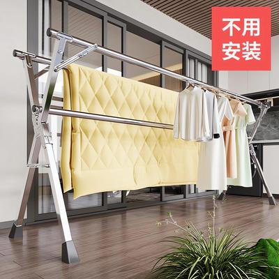 不锈钢晾衣架落地折叠伸缩家用室内外双杆防风加厚加粗阳台晾衣杆